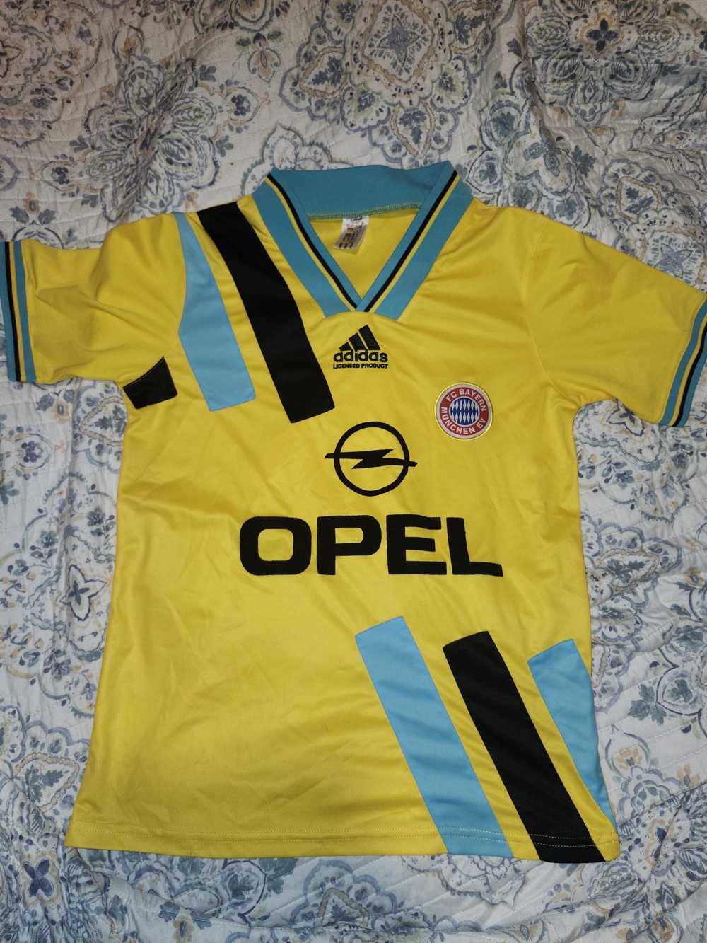 adidas Yellow Soccer Jersey with Blue and Black Stripes and Opel Logo